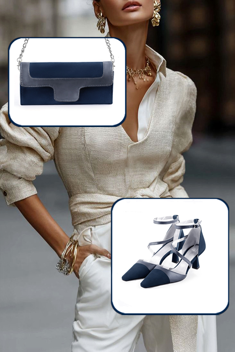 Dress heels closed-back snake-shaped straps in navy blue and denim blue leather with medium spool heels and tapered toe - Top view